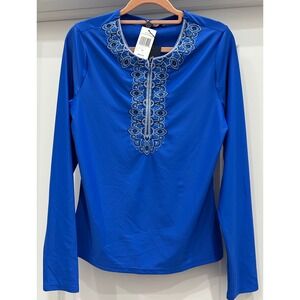 NEW Cabana Life Womens Embroidered Rashguard UPF 50+ Blue Long Sleeve Top Medium